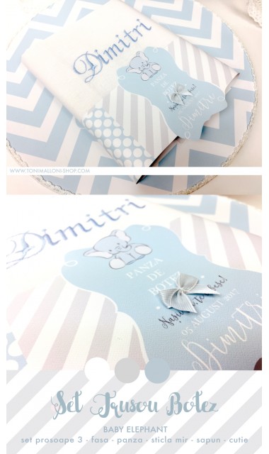 Trusou de botez cu broderie personalizata pentru baieti, Bleu & Grey Elephant 17